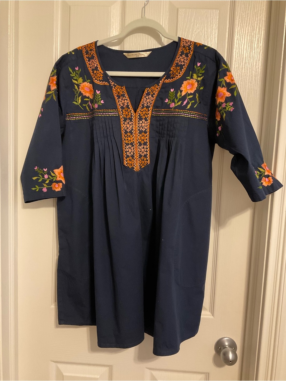 eshakti Navy Tunic Dress with Orange Floral Embroidery